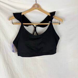 NWT Lab Joy Sports Bra Women's Large Black with Ruffle Cross Back 309 05 1230